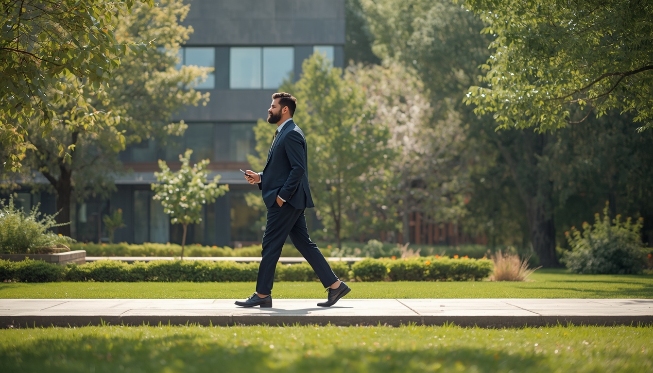 Executive reviewing personalized work-walk balance framework outdoors
